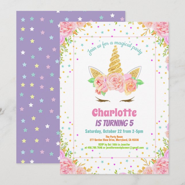Invitation à l'anniversaire de la licorne. Aquarel (Devant / Derrière)
