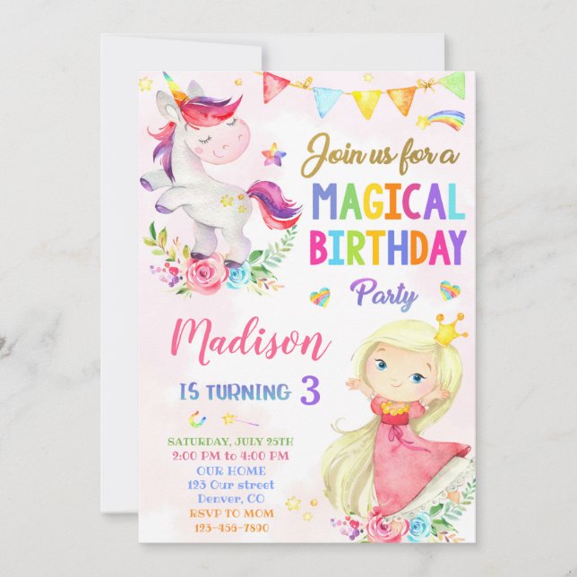 Invitation à l'anniversaire de la licorne et de la (Devant)