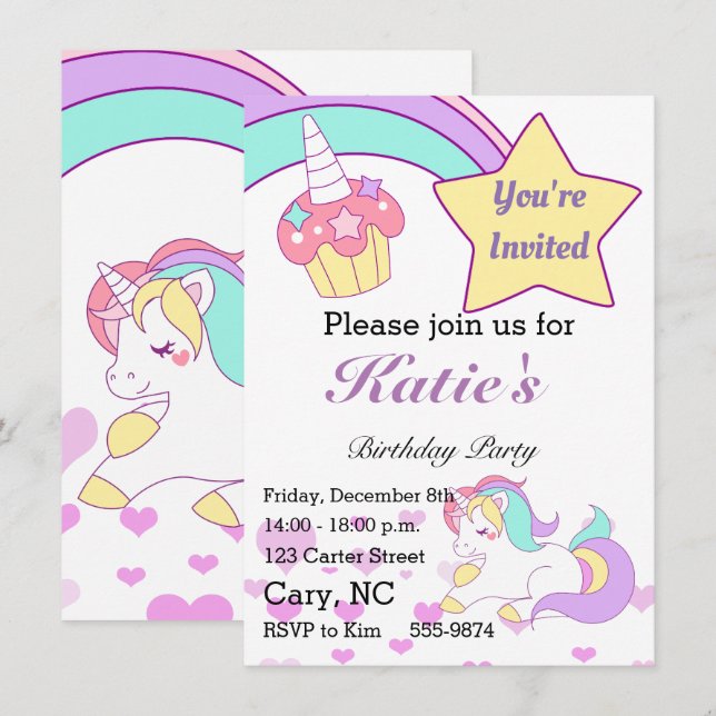Invitation à l'anniversaire de la licorne magique  (Devant / Derrière)