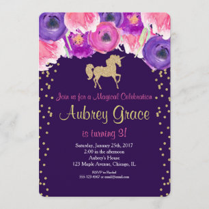 Invitation à l'anniversaire de la licorne, or rose