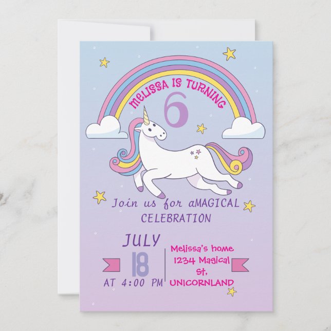 Invitation à l'anniversaire de la licorne pour les (Devant)