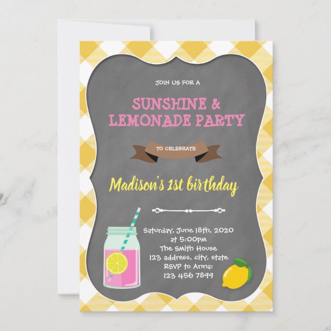 Invitation à l'anniversaire de la limonade rose (Devant)