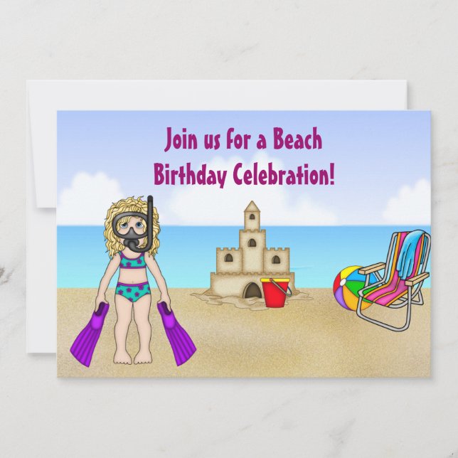 Invitation à l'anniversaire de la plage de Cute po (Devant)