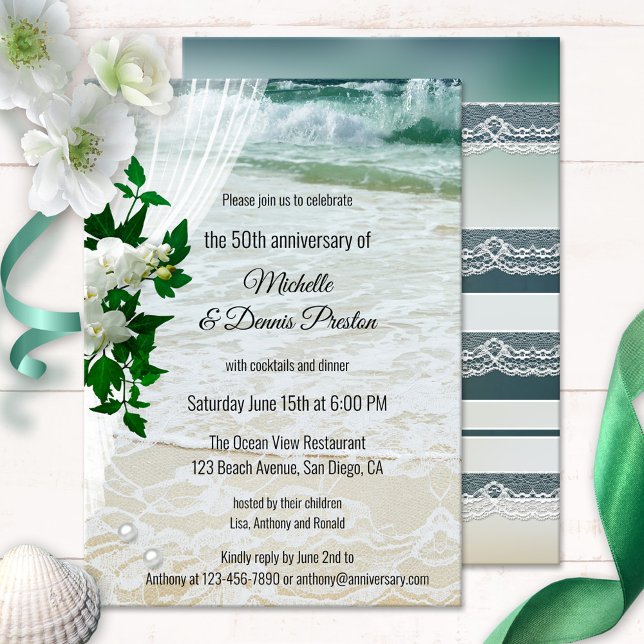 Invitation à l'anniversaire de la plage de l'orchi (Anniversary invitation showing white orchid flowers on a wedding veil overlooking a beach with lace)