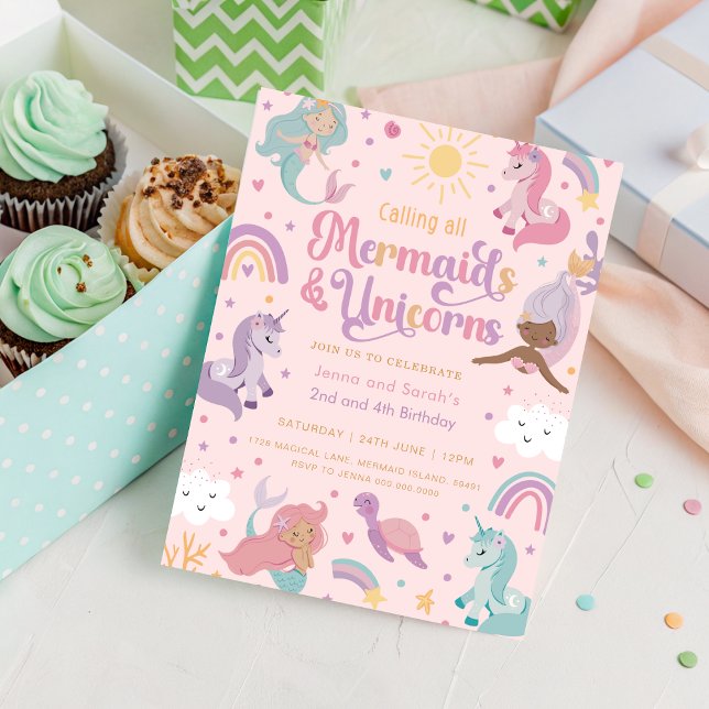 Invitation à l'anniversaire de la Sirène et de la  (PINK Mermaid and Unicorn Joint Birthday Invitation)