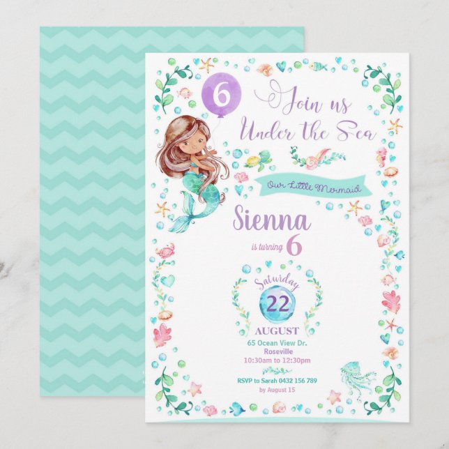 Invitation à l'anniversaire de la sirène Fête de s (Devant / Derrière)