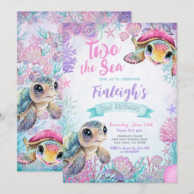 Invitation à l'anniversaire de la tortue marine (Devant / Derrière)