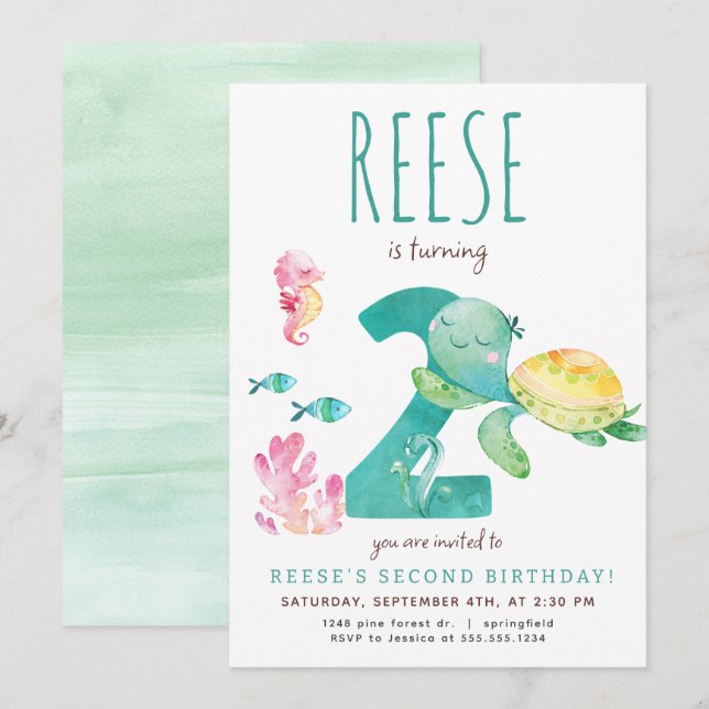Invitation à l'anniversaire de la tortue marine (Devant / Derrière)
