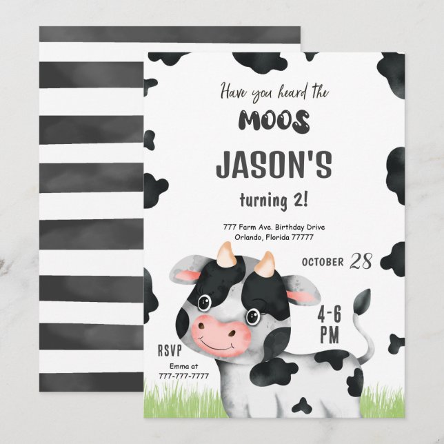 Invitation à l'anniversaire de la vache-garçon mod (Devant / Derrière)