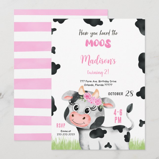 Invitation à l'anniversaire de la vache mignonne (Devant / Derrière)