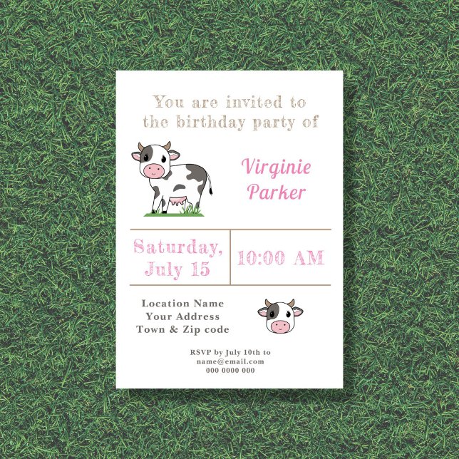 Invitation à l'anniversaire de la Vache mignonne (Cute Cow Birthday Invitation )