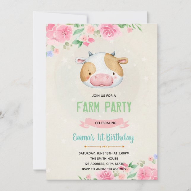 Invitation à l'anniversaire de la vache mignonne (Devant)