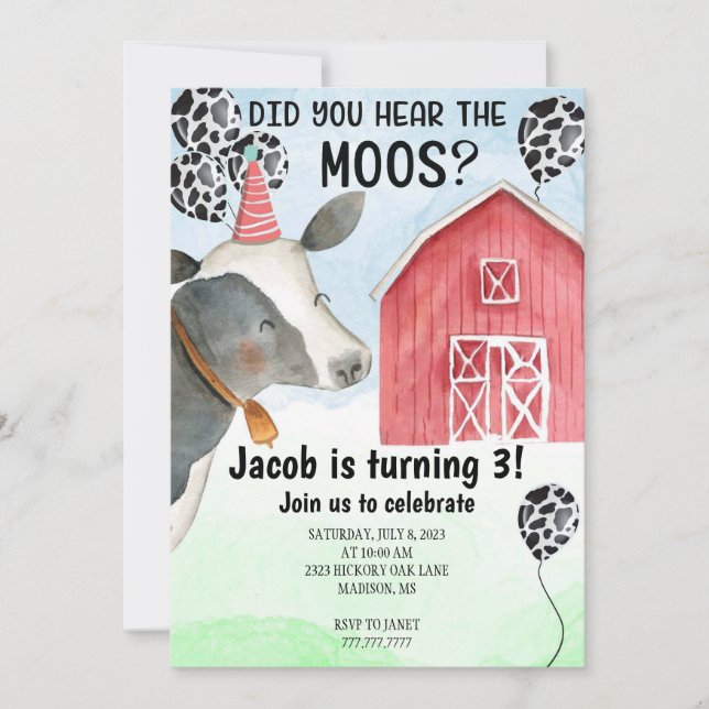 Invitation à l'anniversaire de la vache pour enfan (Devant)