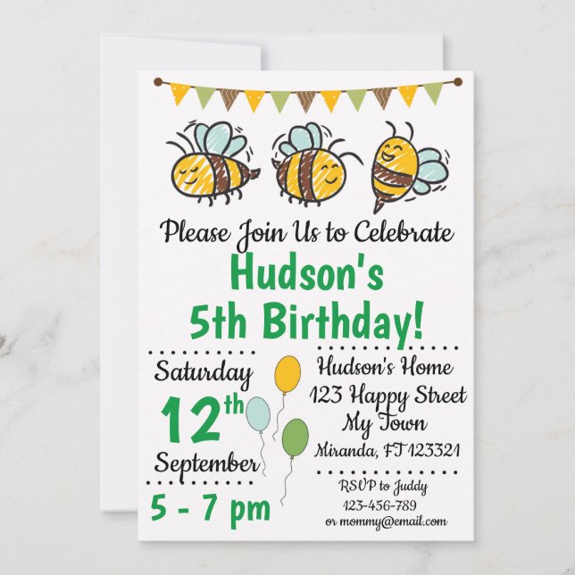 Invitation à l'anniversaire de l'abeille (Devant)