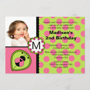 Invitation à l'anniversaire de Ladybug rose et ver