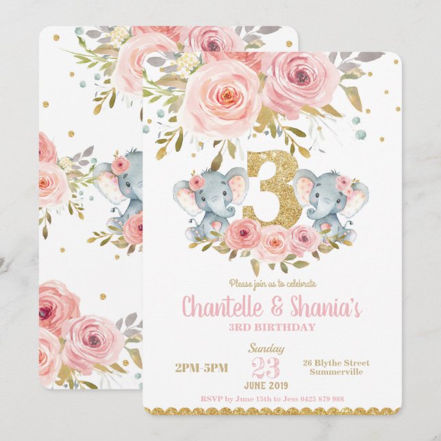 Invitation à l'anniversaire de l'éléphant Twin Gir (Devant / Derrière)