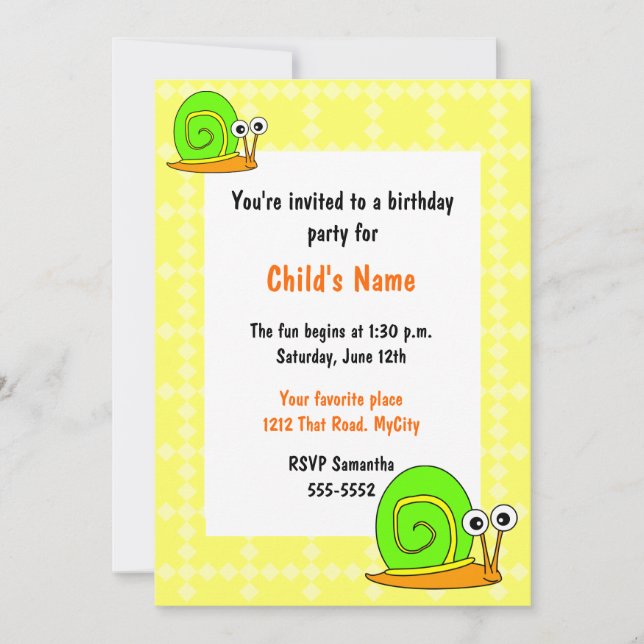 Invitation à l'anniversaire de l'escargot pour enf (Devant)