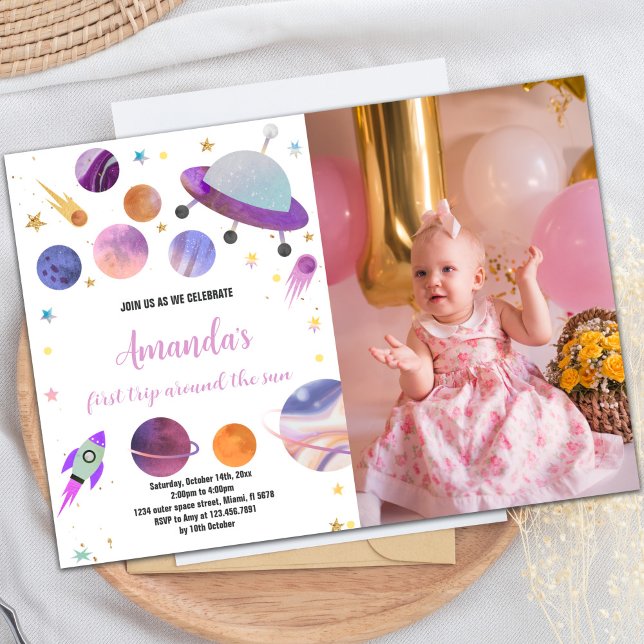 Invitation à l'anniversaire de l'espace extra-atmo (Purple Outer Space Birthday Invitations with photo)