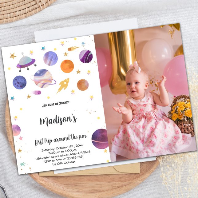 Invitation à l'anniversaire de l'espace extra-atmo (Planets Outer space Birthday Invitations w photo)