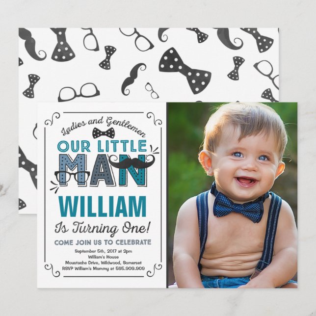 Invitation à l'anniversaire de Little Man Mustache (Devant / Derrière)