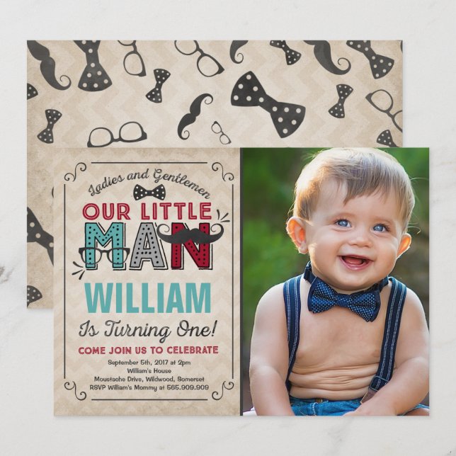 Invitation à l'anniversaire de Little Man Mustache (Devant / Derrière)