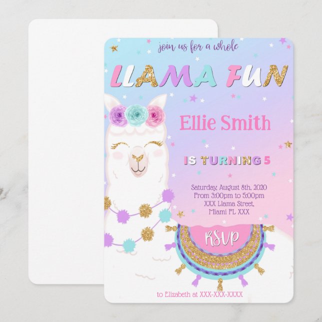Invitation à l'anniversaire de Llama (Devant / Derrière)