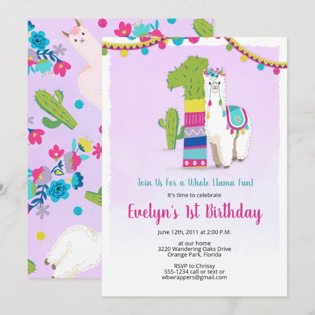 Invitation à l'anniversaire de Llama - 1er anniver (Devant / Derrière)