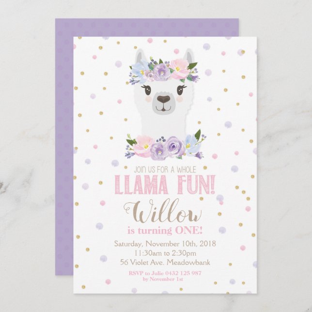 Invitation à l'anniversaire de Llama Fille Florale (Devant / Derrière)