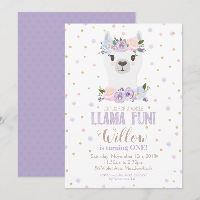 Invitation à l'anniversaire de Llama Fille Florale (Devant / Derrière)