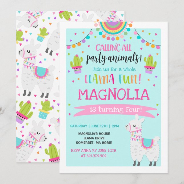 Invitation à l'anniversaire de Llama Fun Party (Devant / Derrière)