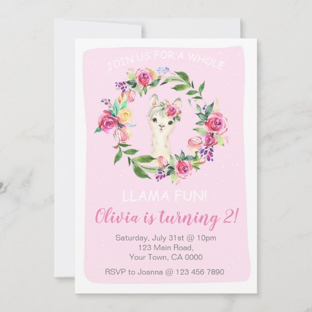 Invitation à l'anniversaire de Llama pour une fill (Devant)