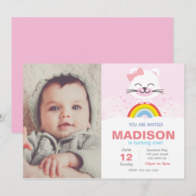 Invitation à l'anniversaire de l'ours arc-en-ciel (Devant / Derrière)