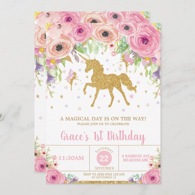 Invitation à l'anniversaire de l'Unicorne et des f (Devant / Derrière)