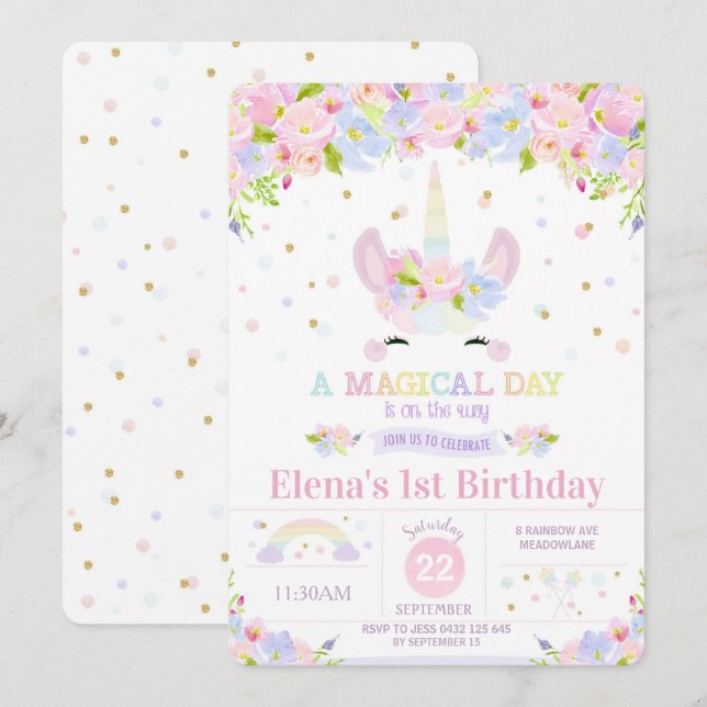 Invitation à l'anniversaire de l'Unicorne Rainbow  (Devant / Derrière)