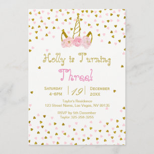 Invitation à l'anniversaire de l'Unicorne rose et 