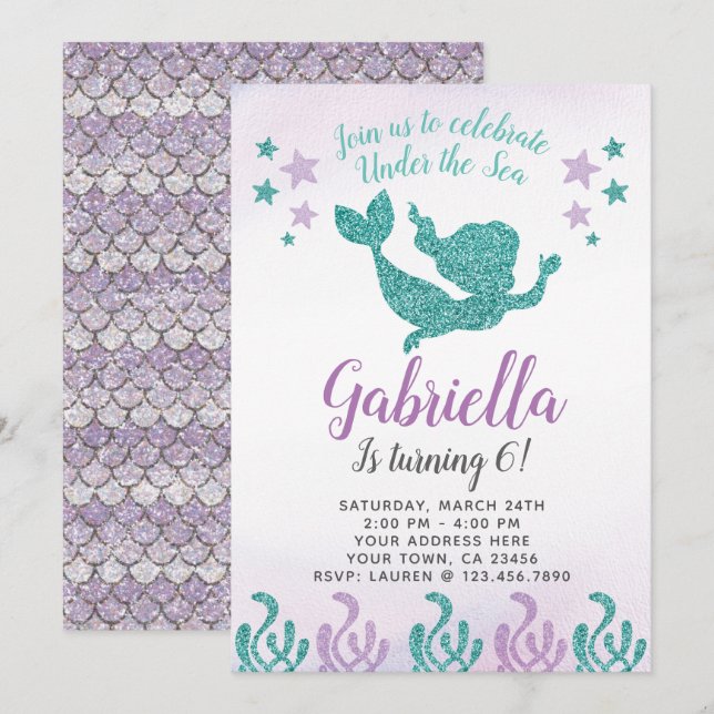 Invitation à l'anniversaire de Mermaid (Devant / Derrière)