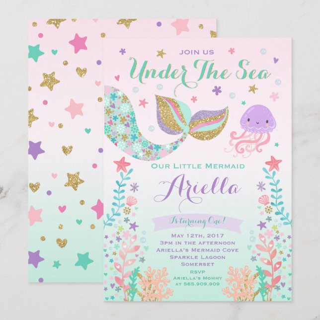 Invitation à l'anniversaire de Mermaid sous le Sea (Devant / Derrière)