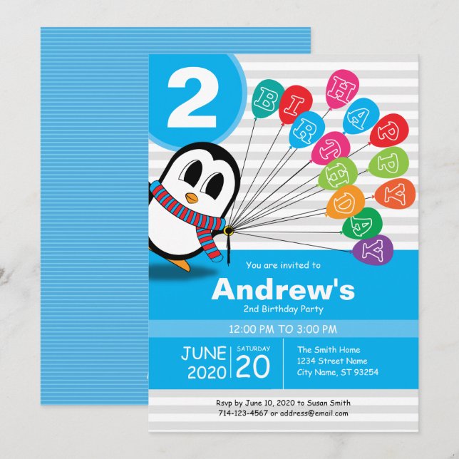 Invitation à l'anniversaire de mignonne Penguin (Devant / Derrière)