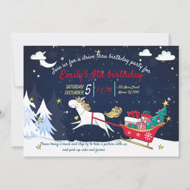 Invitation à l'anniversaire de Noël Unicorn Drive  (Devant)