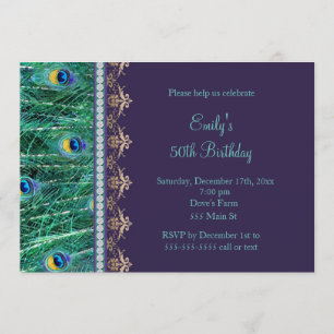 Invitation à l'anniversaire de paon or violet
