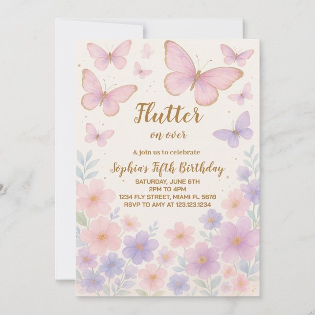 Invitation à l'anniversaire de papillon modifiable (Devant)