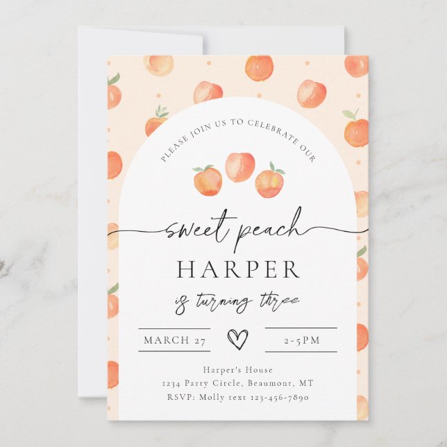 Invitation à l'anniversaire de Peach | Poche douce (Devant)