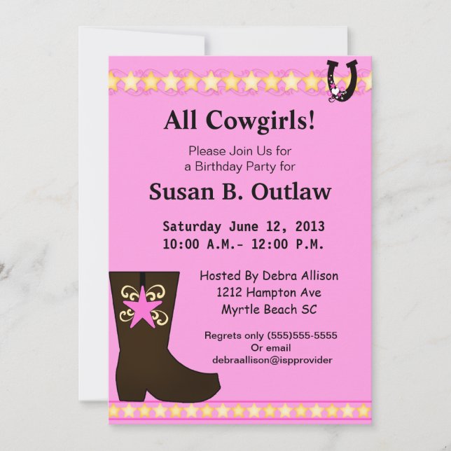 Invitation à l'anniversaire de Pink Cowgirl (Devant)