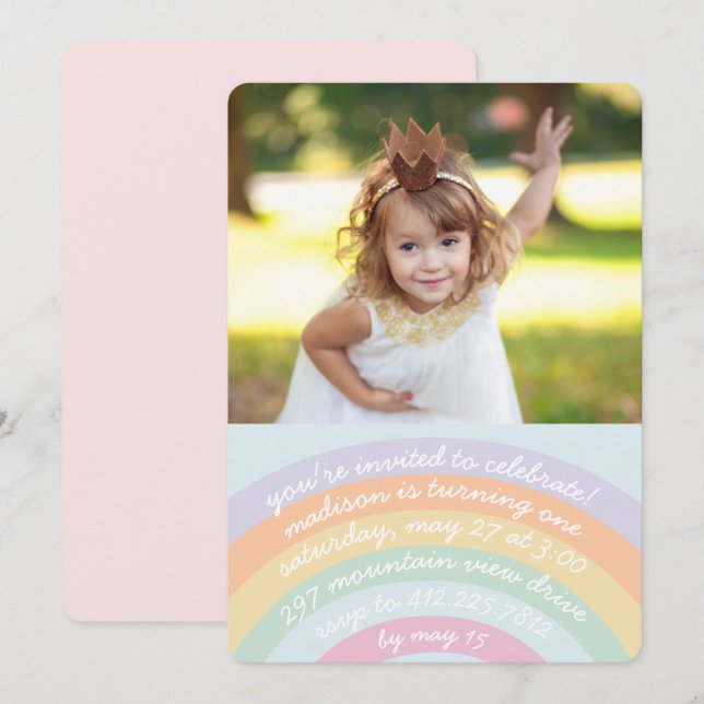 Invitation à l'anniversaire de Rainbow avec photo (Devant / Derrière)