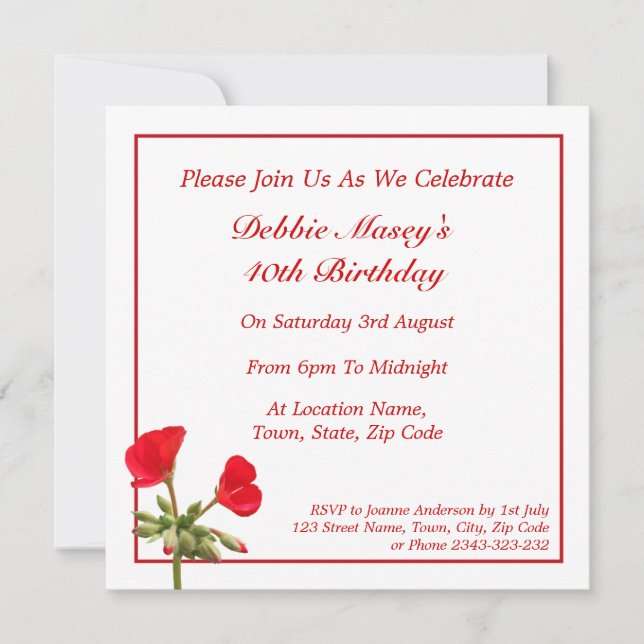 Invitation à l'anniversaire de Red Geranium (Devant)