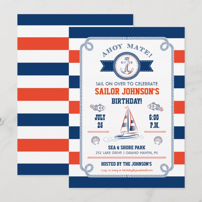 Invitation à l'anniversaire de Stripes Nautiques (Devant / Derrière)