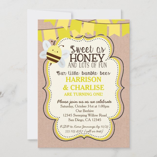 Invitation à l'anniversaire de Twins Bees Bee (Devant)