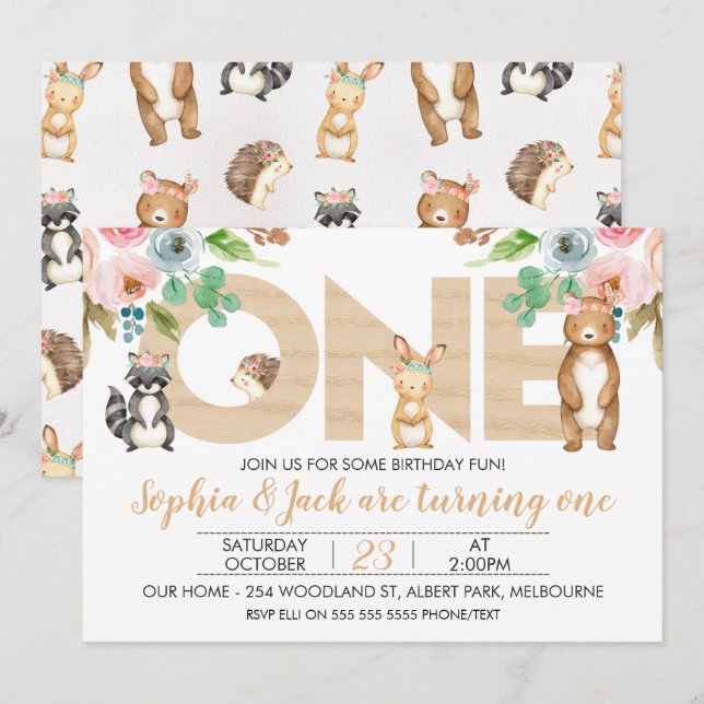Invitation à l'anniversaire de Twins Boy Girl Wood (Devant / Derrière)