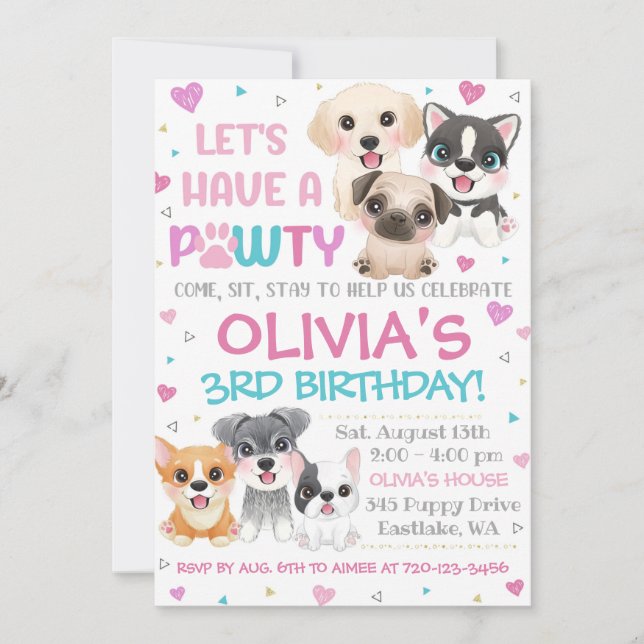 Invitation à l'anniversaire des chiots | Puppy Paw (Devant)