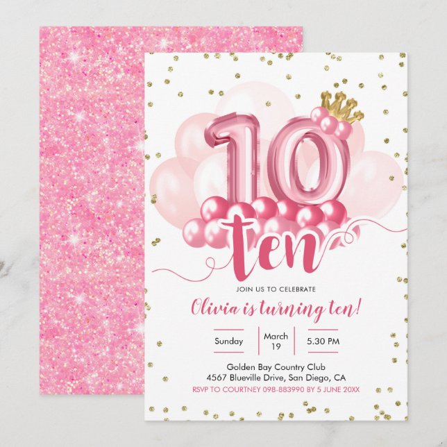 Invitation à l'anniversaire du ballons rose de la  (Devant / Derrière)